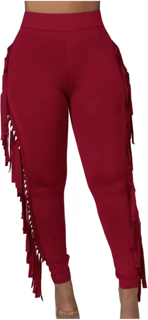 Women's Fringe Pants Casual High Waist Solid Bodycon Side Tassel Pants Yoga Dance Pants Sweatpants Bandage Pants