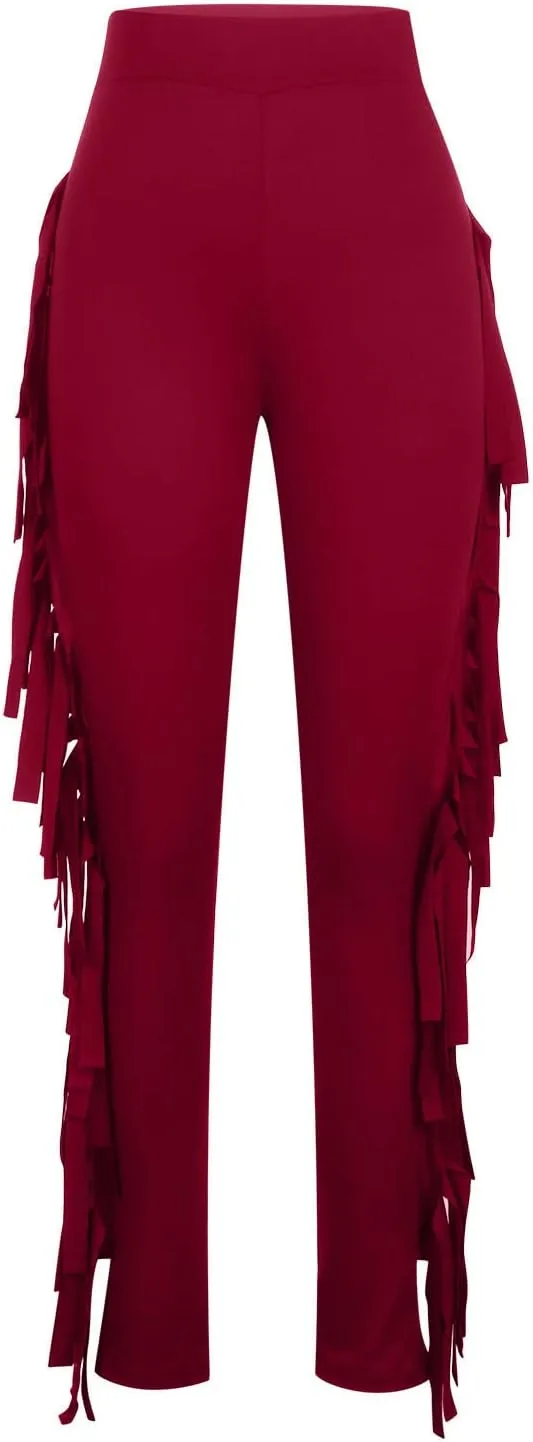 Women's Fringe Pants Casual High Waist Solid Bodycon Side Tassel Pants Yoga Dance Pants Sweatpants Bandage Pants