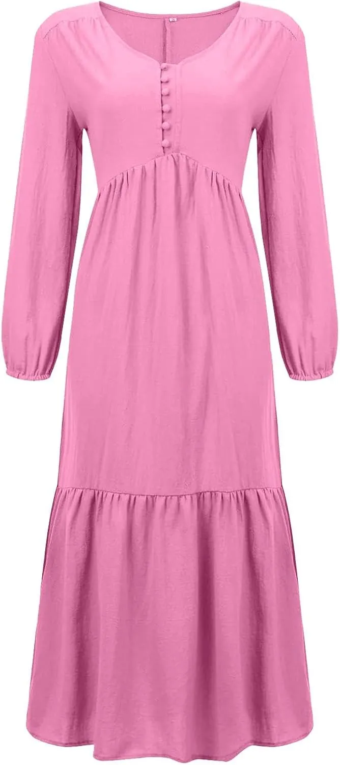 Women's Linen Maxi Dress Long Sleeve with Pockets Casual V Neck Tiered Ruffle Boho Beach Line Cocktail Party Dresses