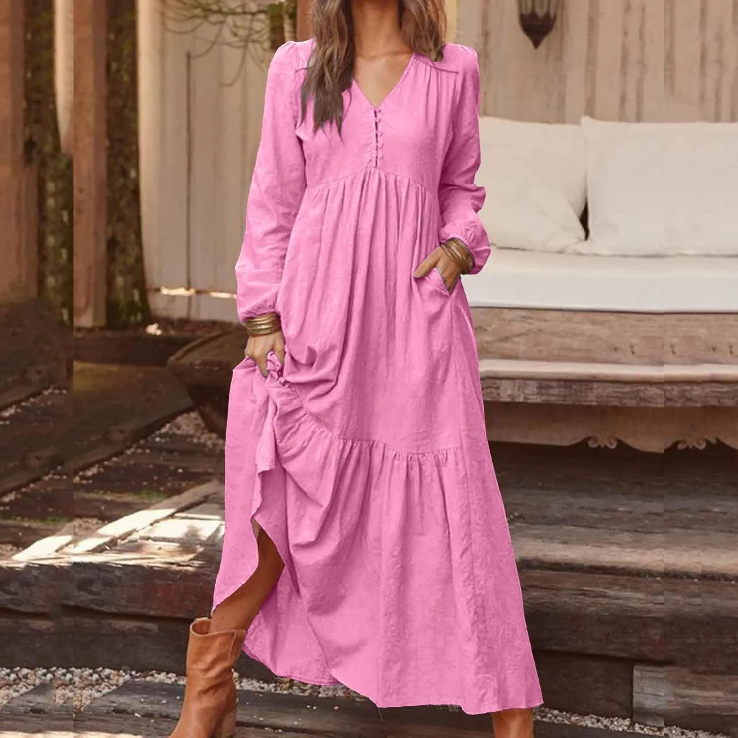 Women's Linen Maxi Dress Long Sleeve with Pockets Casual V Neck Tiered Ruffle Boho Beach Line Cocktail Party Dresses
