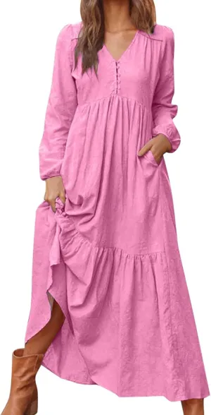 Women's Linen Maxi Dress Long Sleeve with Pockets Casual V Neck Tiered Ruffle Boho Beach Line Cocktail Party Dresses