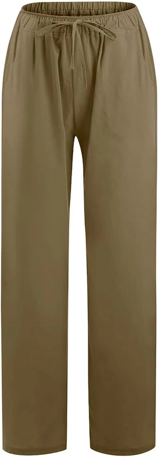 Women's Linen Pants Plus Size Wide Leg Pants Drawstring Palazzo Pants Elastic Waist Lounge Pants Lightweight Pants