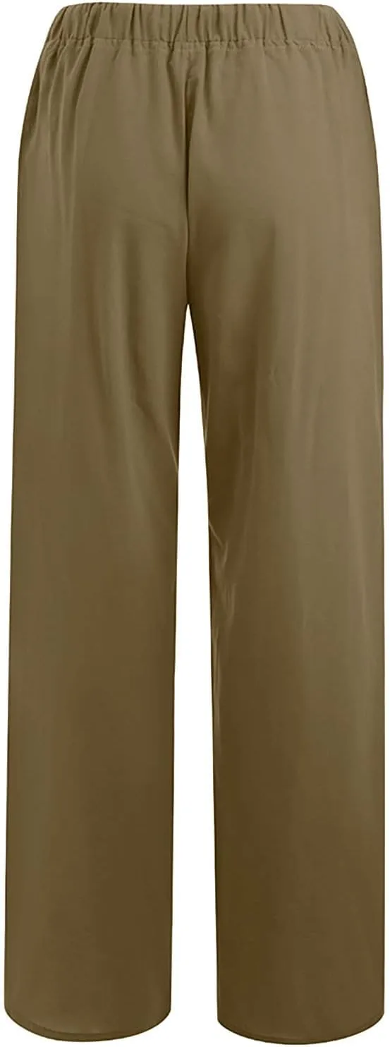 Women's Linen Pants Plus Size Wide Leg Pants Drawstring Palazzo Pants Elastic Waist Lounge Pants Lightweight Pants
