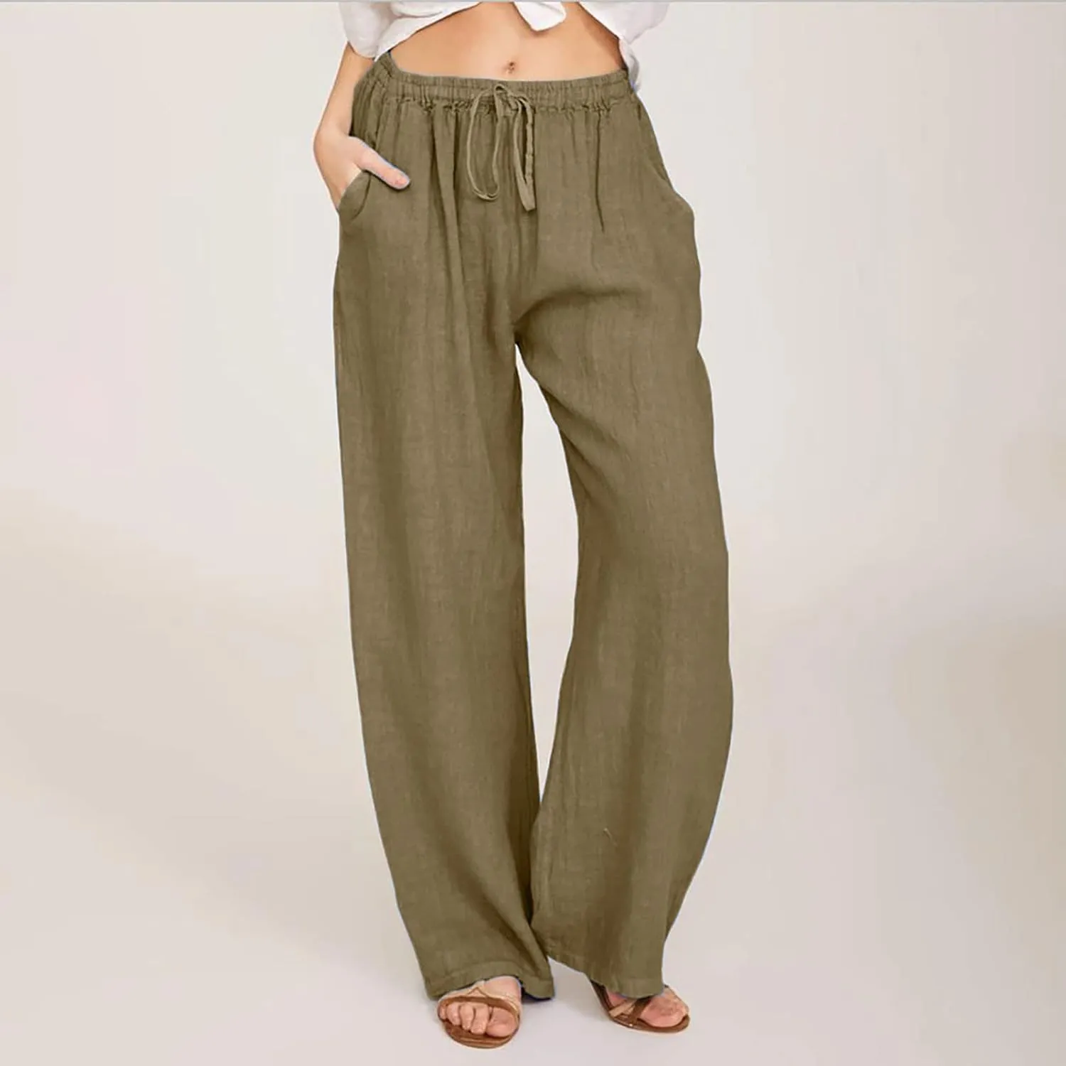 Women's Linen Pants Plus Size Wide Leg Pants Drawstring Palazzo Pants Elastic Waist Lounge Pants Lightweight Pants