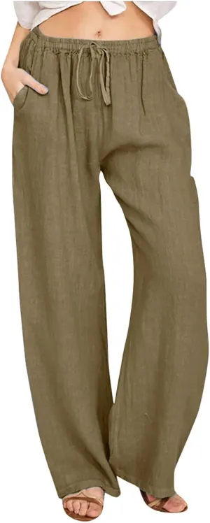 Women's Linen Pants Plus Size Wide Leg Pants Drawstring Palazzo Pants Elastic Waist Lounge Pants Lightweight Pants