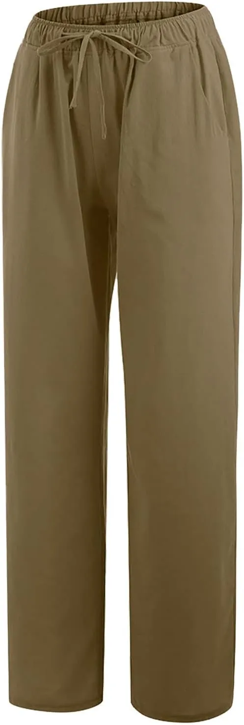 Women's Linen Pants Plus Size Wide Leg Pants Drawstring Palazzo Pants Elastic Waist Lounge Pants Lightweight Pants