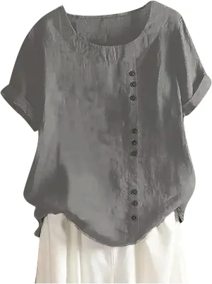 Women's Linen Shirts Summer Linen Embroidery Long Sleeve T-Shirt Casual Loose Fit Henley V Neck Blouse