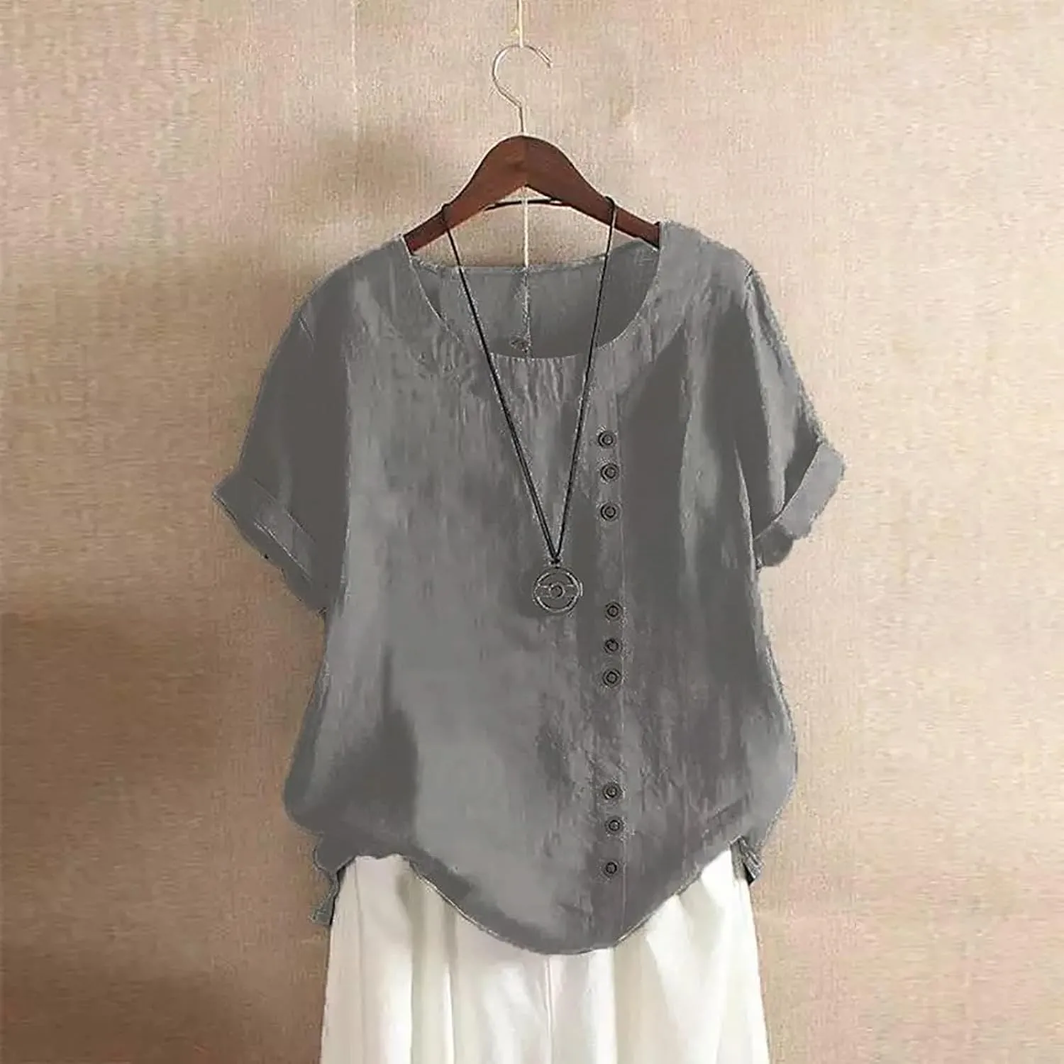 Women's Linen Shirts Summer Linen Embroidery Long Sleeve T-Shirt Casual Loose Fit Henley V Neck Blouse