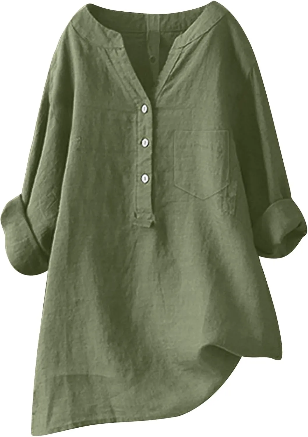 Womens Linen Shirts V-Neck Buttons Blouses Floral Print Trendy Tshirts Long Sleeve Loose T Shirts