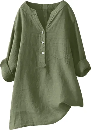 Womens Linen Shirts V-Neck Buttons Blouses Floral Print Trendy Tshirts Long Sleeve Loose T Shirts