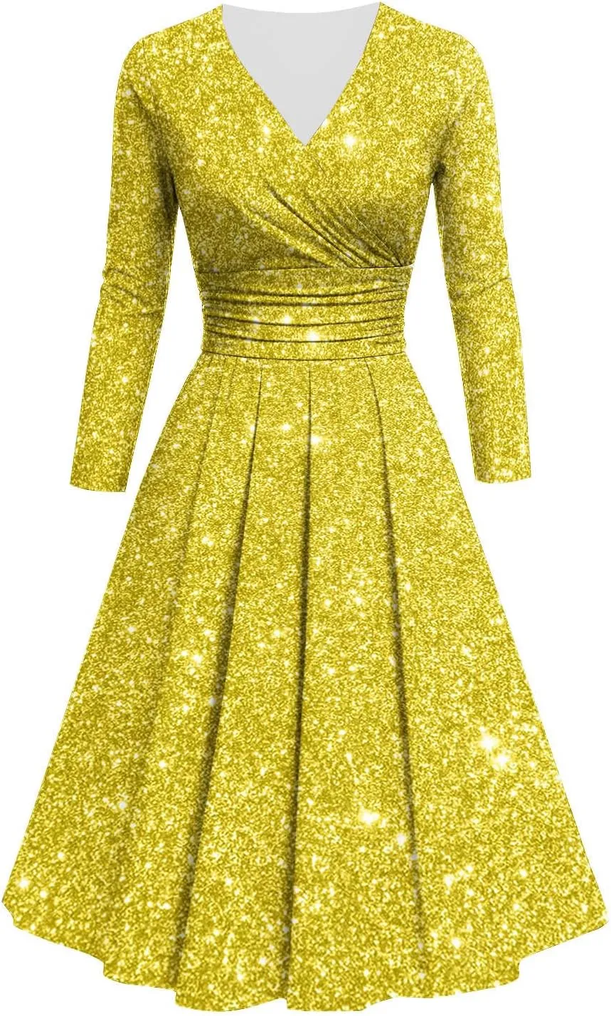 Women's Long Sleeve Dresses Casual Dots Print V Neck Wedding Guest Cocktail A Line Pleated Flowy Wrap Midi Dress