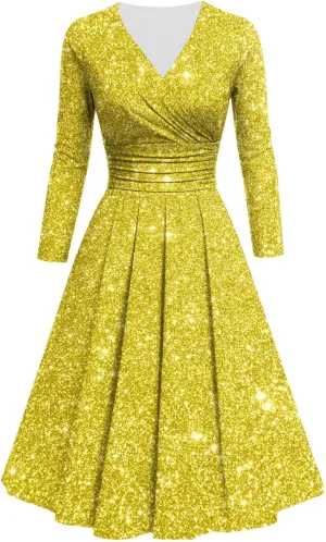 Women's Long Sleeve Dresses Casual Dots Print V Neck Wedding Guest Cocktail A Line Pleated Flowy Wrap Midi Dress