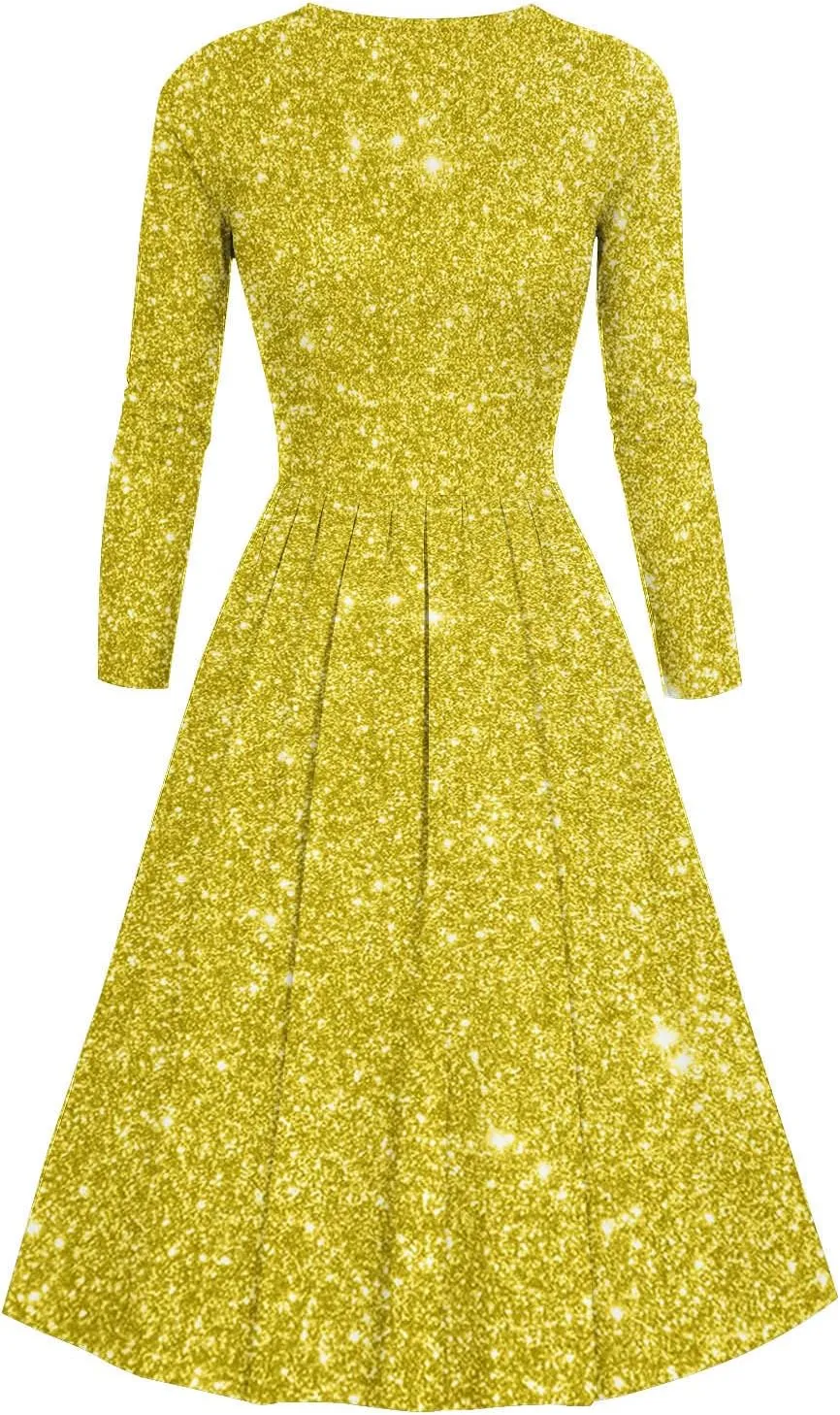 Women's Long Sleeve Dresses Casual Dots Print V Neck Wedding Guest Cocktail A Line Pleated Flowy Wrap Midi Dress