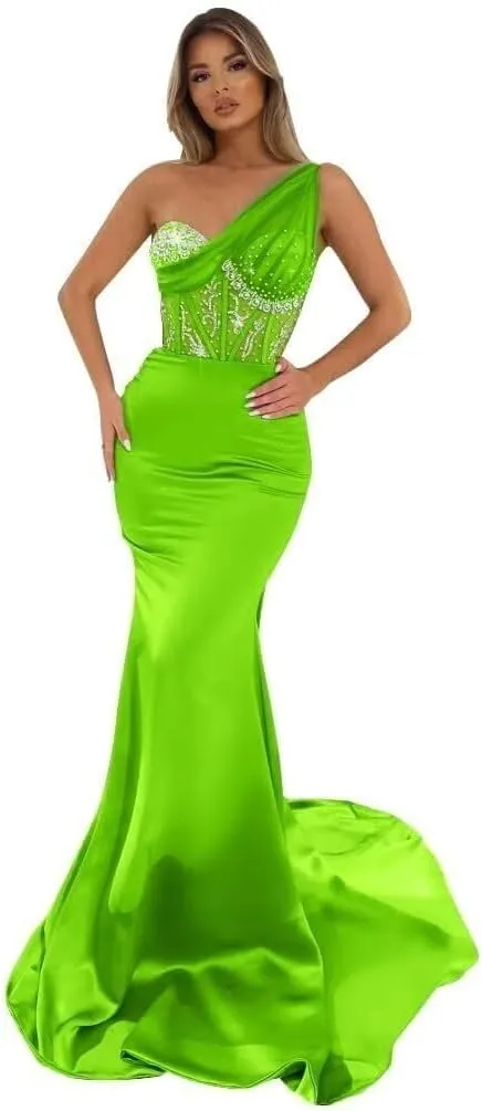 Women's One Shoulder Prom Dresses Satin Mermaid Formal Gown Sequin Beaded Evening Dress NG14