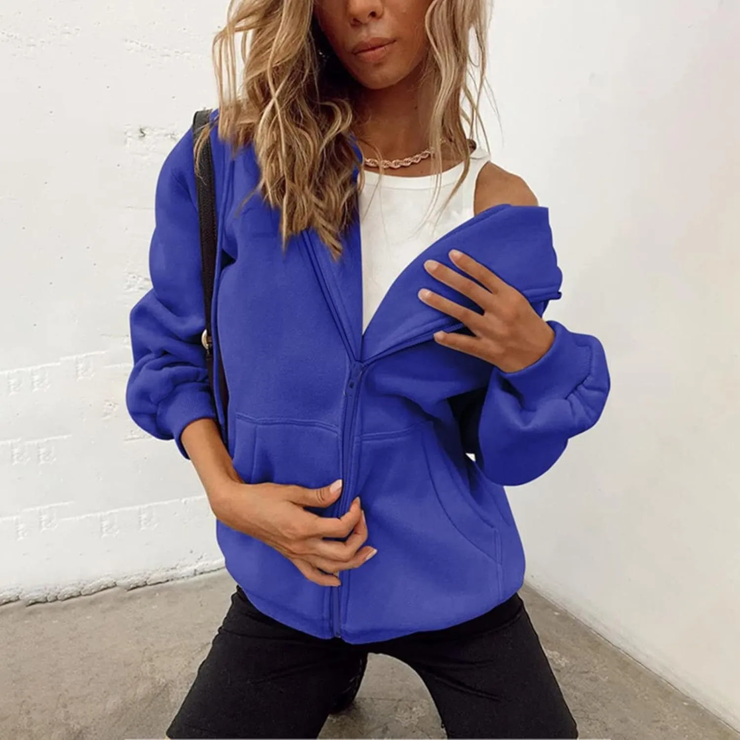 Women's Oversized Sweatshirts Casual Y2K Full Zip Hoodies Long Sleeve 2024 Fall Loose Fit Hooded Jackets with Pockets