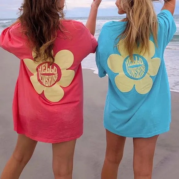 Womens Oversized Vintage Flower Tshirts Preppy Western Graphic Tees Tops Y2k Ocean Coastal Summer Beachy T Shirts