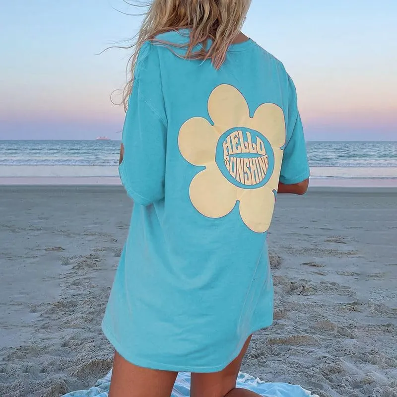 Womens Oversized Vintage Flower Tshirts Preppy Western Graphic Tees Tops Y2k Ocean Coastal Summer Beachy T Shirts