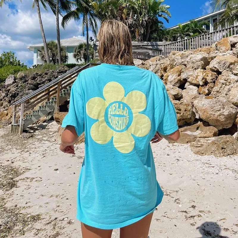 Womens Oversized Vintage Flower Tshirts Preppy Western Graphic Tees Tops Y2k Ocean Coastal Summer Beachy T Shirts