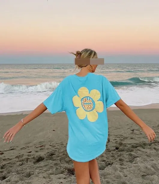 Womens Oversized Vintage Flower Tshirts Preppy Western Graphic Tees Tops Y2k Ocean Coastal Summer Beachy T Shirts