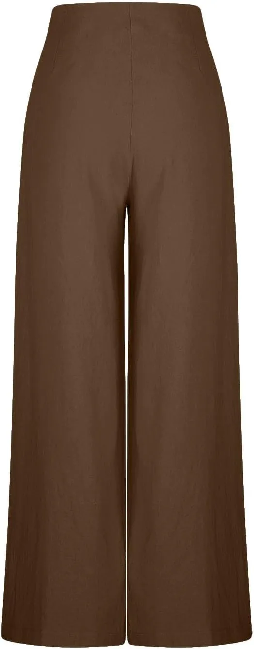 Women's Palazzo Pants Cotton Linen Wide Leg Pants High Waisted Dress Pants Solid Flowy Pants Loose Fit Work Pants