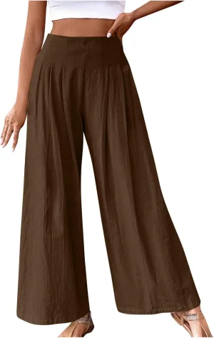Women's Palazzo Pants Cotton Linen Wide Leg Pants High Waisted Dress Pants Solid Flowy Pants Loose Fit Work Pants