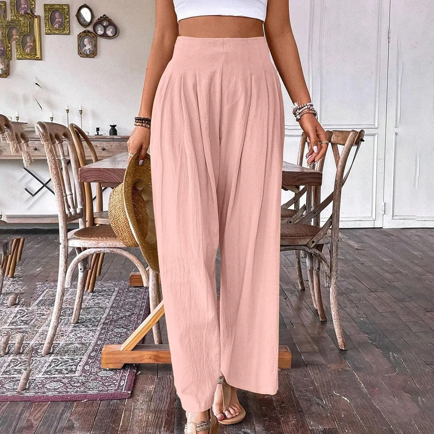 Women's Palazzo Pants Cotton Linen Wide Leg Pants High Waisted Dress Pants Solid Flowy Pants Loose Fit Work Pants