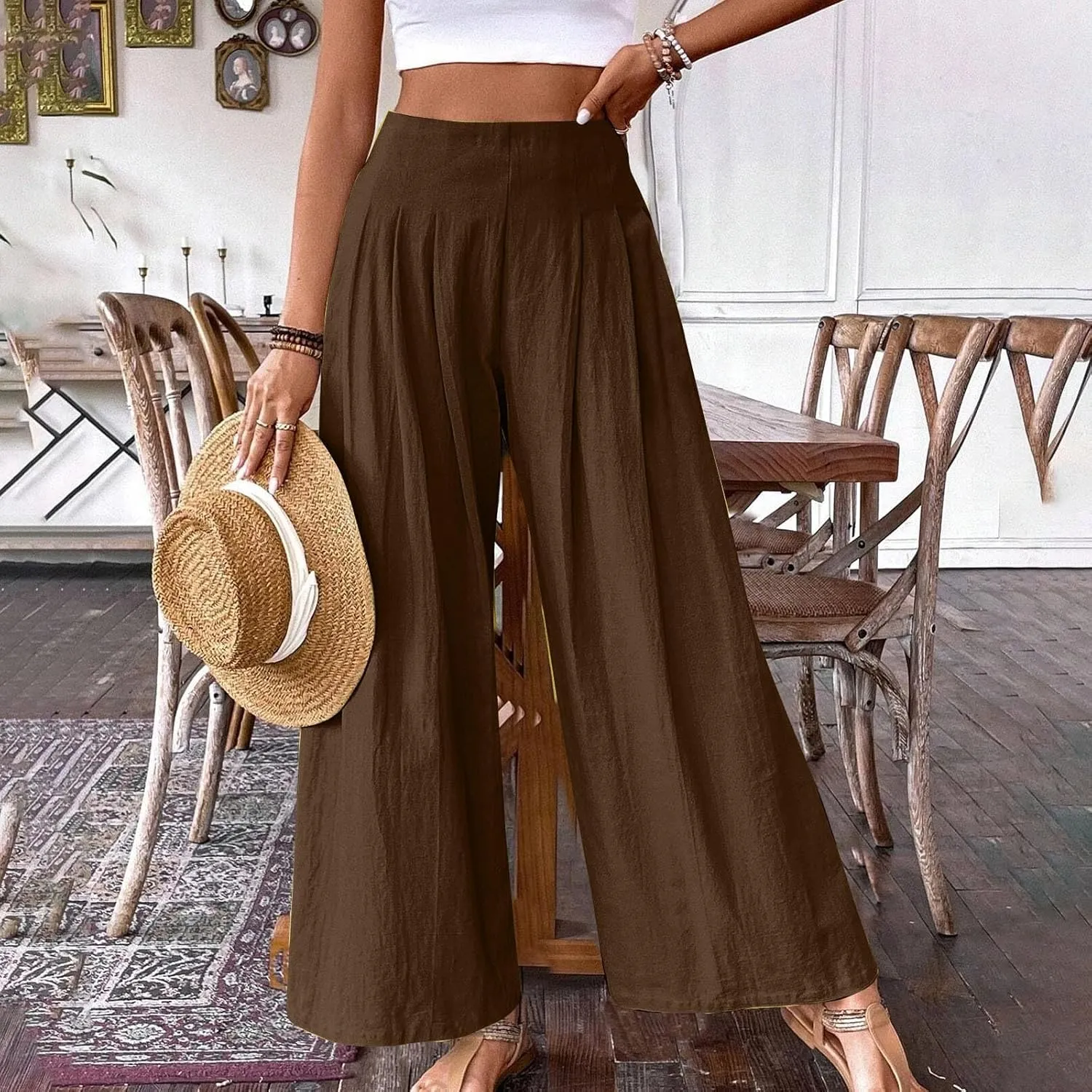 Women's Palazzo Pants Cotton Linen Wide Leg Pants High Waisted Dress Pants Solid Flowy Pants Loose Fit Work Pants