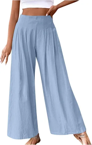 Women's Palazzo Pants Cotton Linen Wide Leg Pants High Waisted Dress Pants Solid Flowy Pants Loose Fit Work Pants