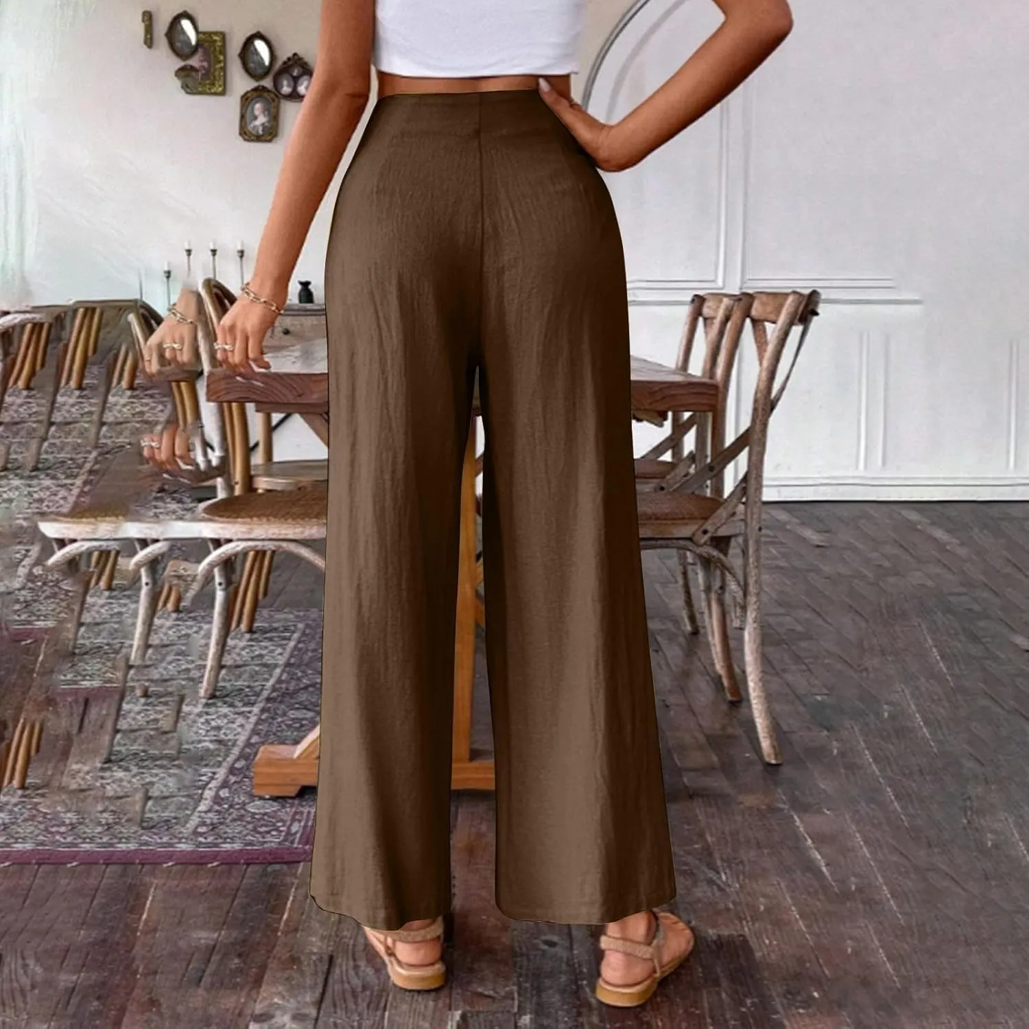 Women's Palazzo Pants Cotton Linen Wide Leg Pants High Waisted Dress Pants Solid Flowy Pants Loose Fit Work Pants