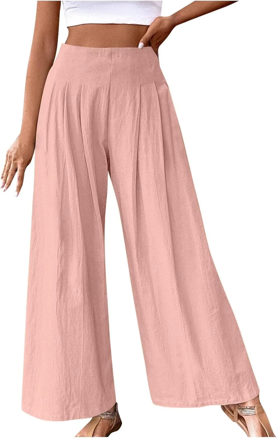 Women's Palazzo Pants Cotton Linen Wide Leg Pants High Waisted Dress Pants Solid Flowy Pants Loose Fit Work Pants