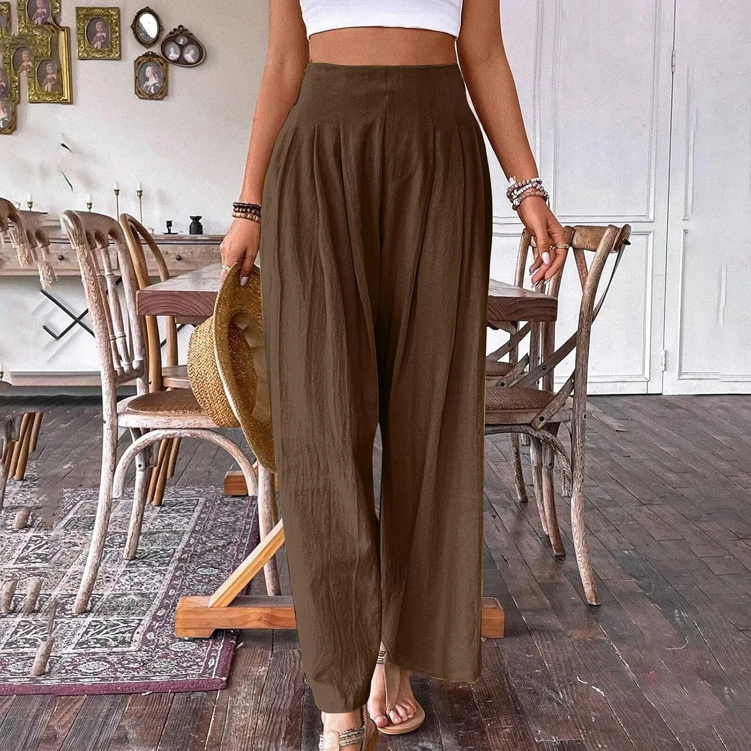 Women's Palazzo Pants Cotton Linen Wide Leg Pants High Waisted Dress Pants Solid Flowy Pants Loose Fit Work Pants