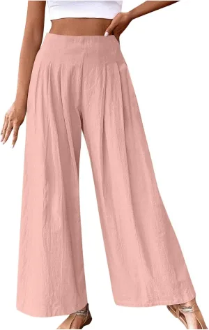 Women's Palazzo Pants Cotton Linen Wide Leg Pants High Waisted Dress Pants Solid Flowy Pants Loose Fit Work Pants