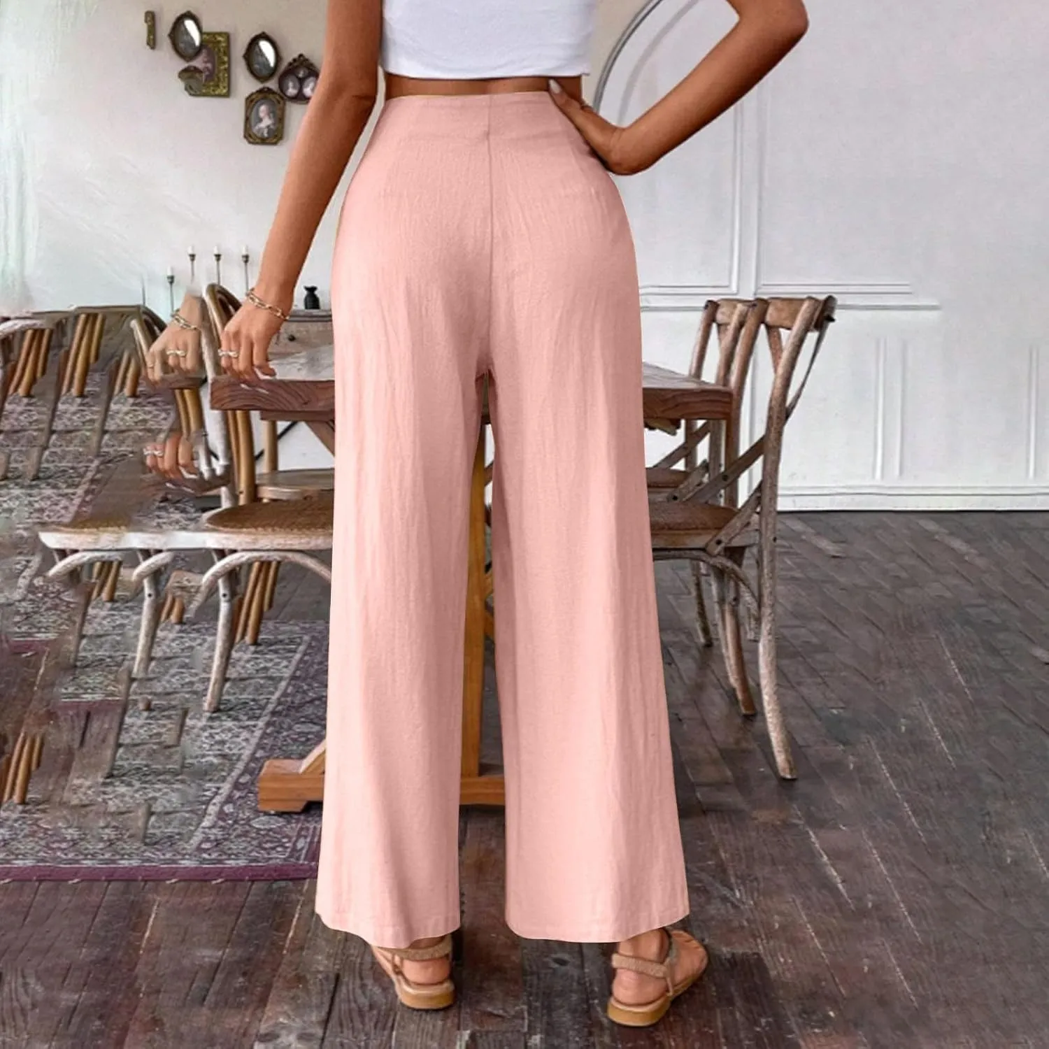 Women's Palazzo Pants Cotton Linen Wide Leg Pants High Waisted Dress Pants Solid Flowy Pants Loose Fit Work Pants