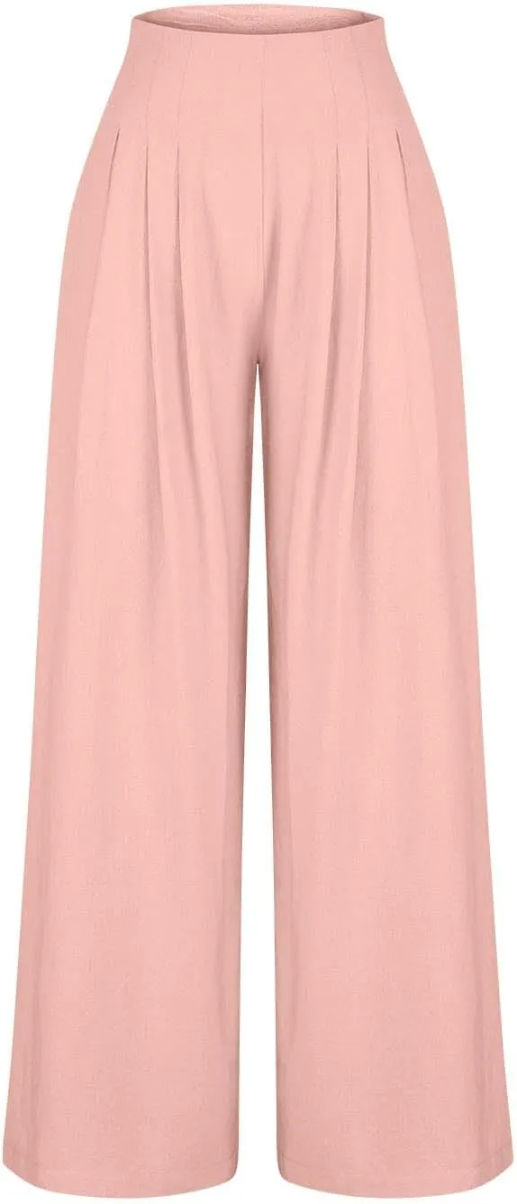 Women's Palazzo Pants Cotton Linen Wide Leg Pants High Waisted Dress Pants Solid Flowy Pants Loose Fit Work Pants