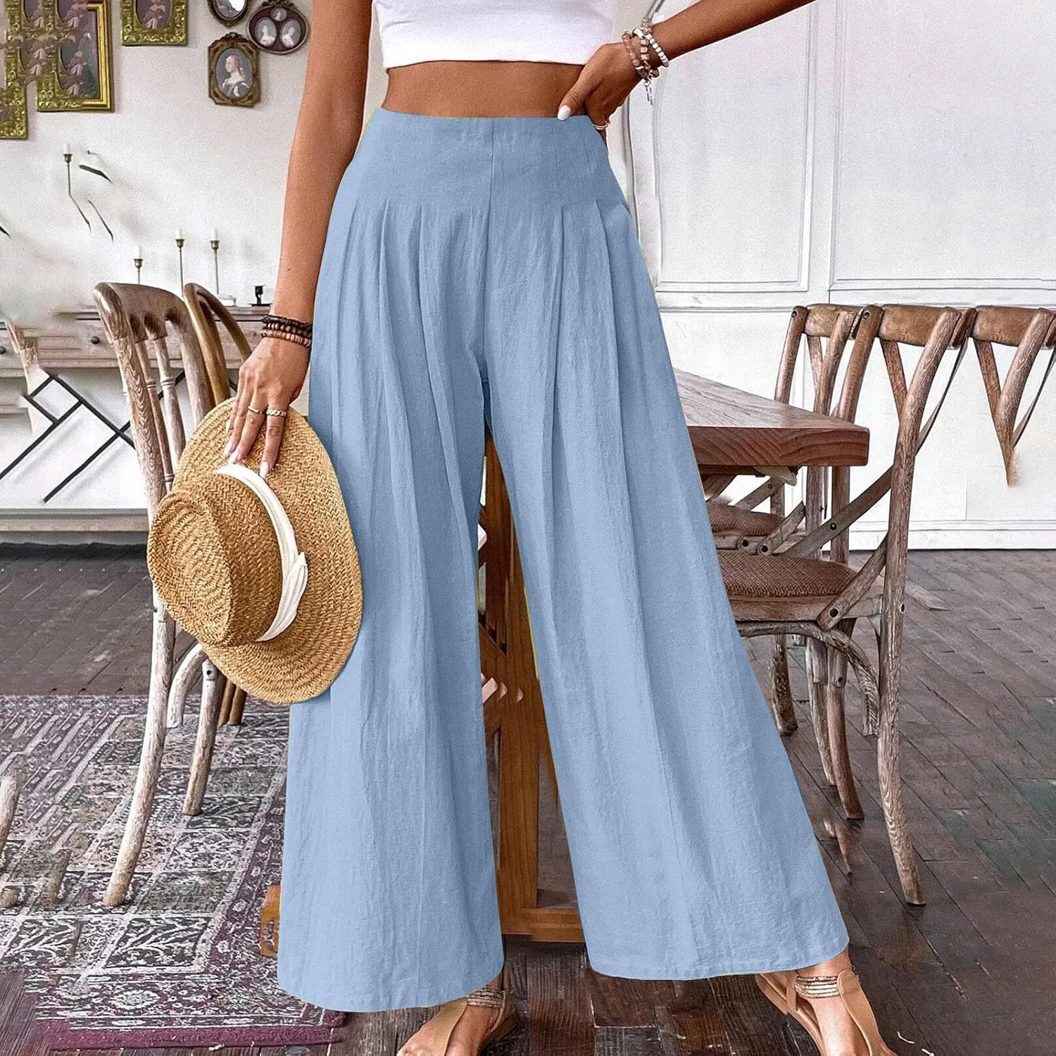 Women's Palazzo Pants Cotton Linen Wide Leg Pants High Waisted Dress Pants Solid Flowy Pants Loose Fit Work Pants