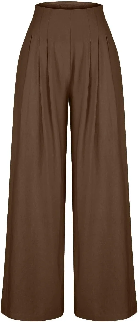 Women's Palazzo Pants Cotton Linen Wide Leg Pants High Waisted Dress Pants Solid Flowy Pants Loose Fit Work Pants