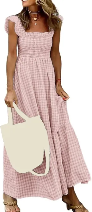 Womens Plaid Dresses Square Neck Strap Flounce Long Dress Smocked Sleeveless Maxi Dress Flowy A-Line Beach Sundress