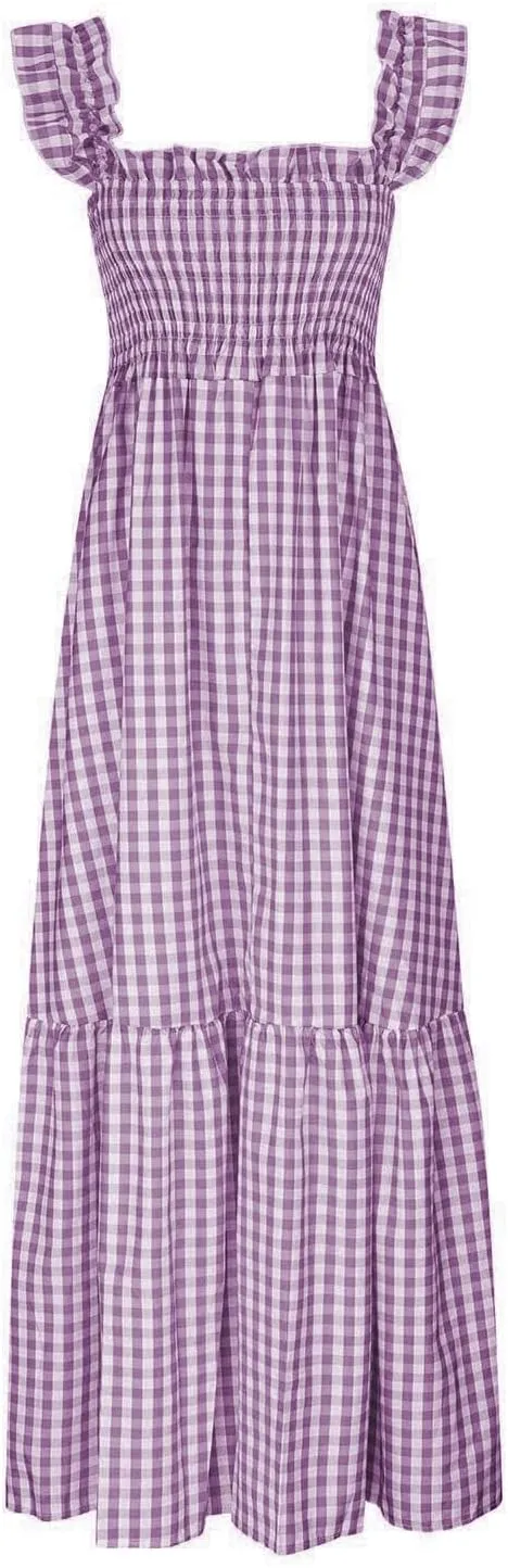 Womens Plaid Dresses Square Neck Strap Flounce Long Dress Smocked Sleeveless Maxi Dress Flowy A-Line Beach Sundress