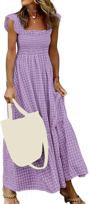 Womens Plaid Dresses Square Neck Strap Flounce Long Dress Smocked Sleeveless Maxi Dress Flowy A-Line Beach Sundress