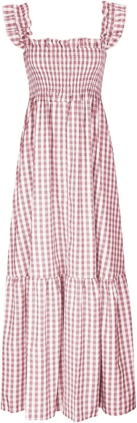 Womens Plaid Dresses Square Neck Strap Flounce Long Dress Smocked Sleeveless Maxi Dress Flowy A-Line Beach Sundress