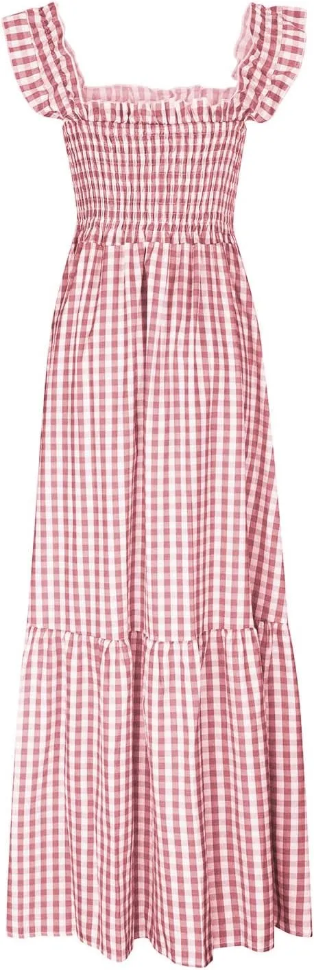 Womens Plaid Dresses Square Neck Strap Flounce Long Dress Smocked Sleeveless Maxi Dress Flowy A-Line Beach Sundress