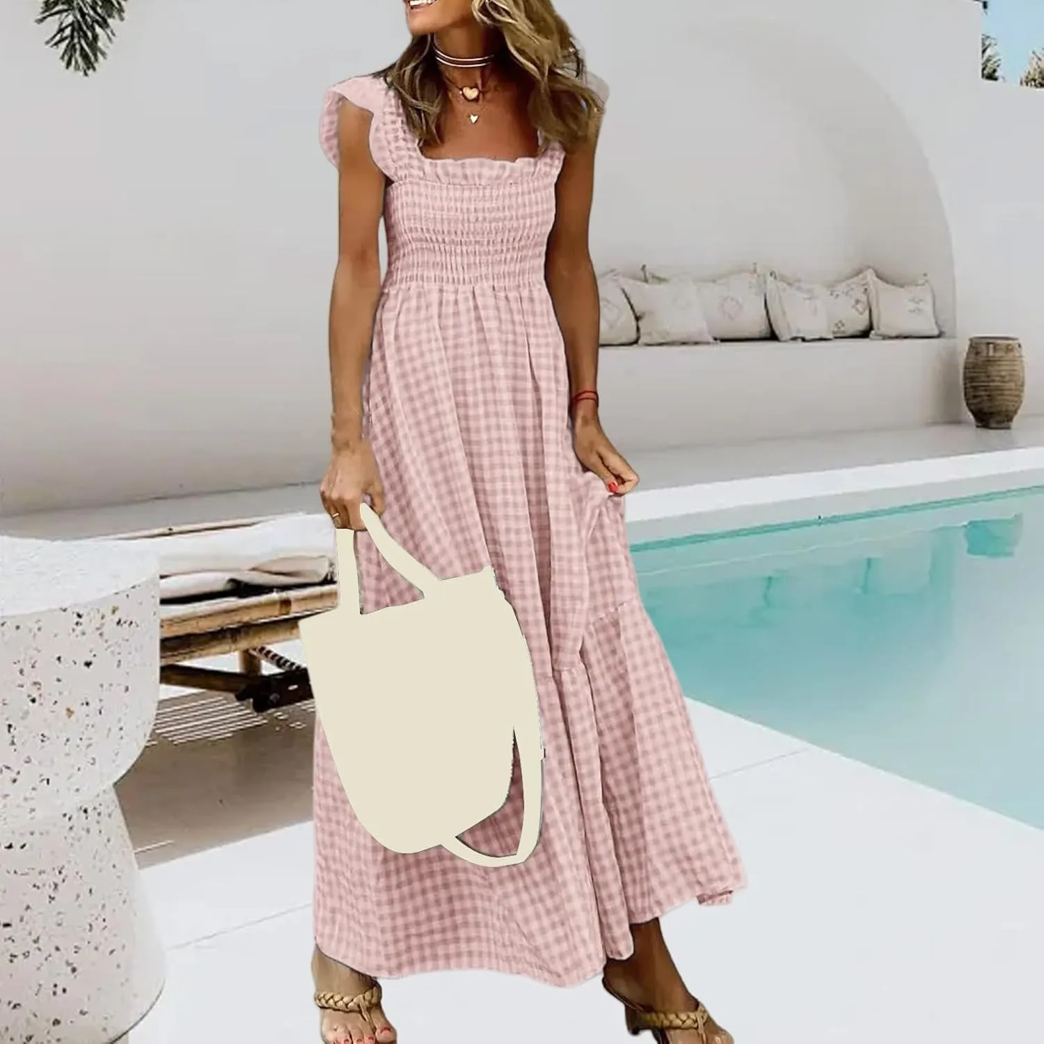 Womens Plaid Dresses Square Neck Strap Flounce Long Dress Smocked Sleeveless Maxi Dress Flowy A-Line Beach Sundress