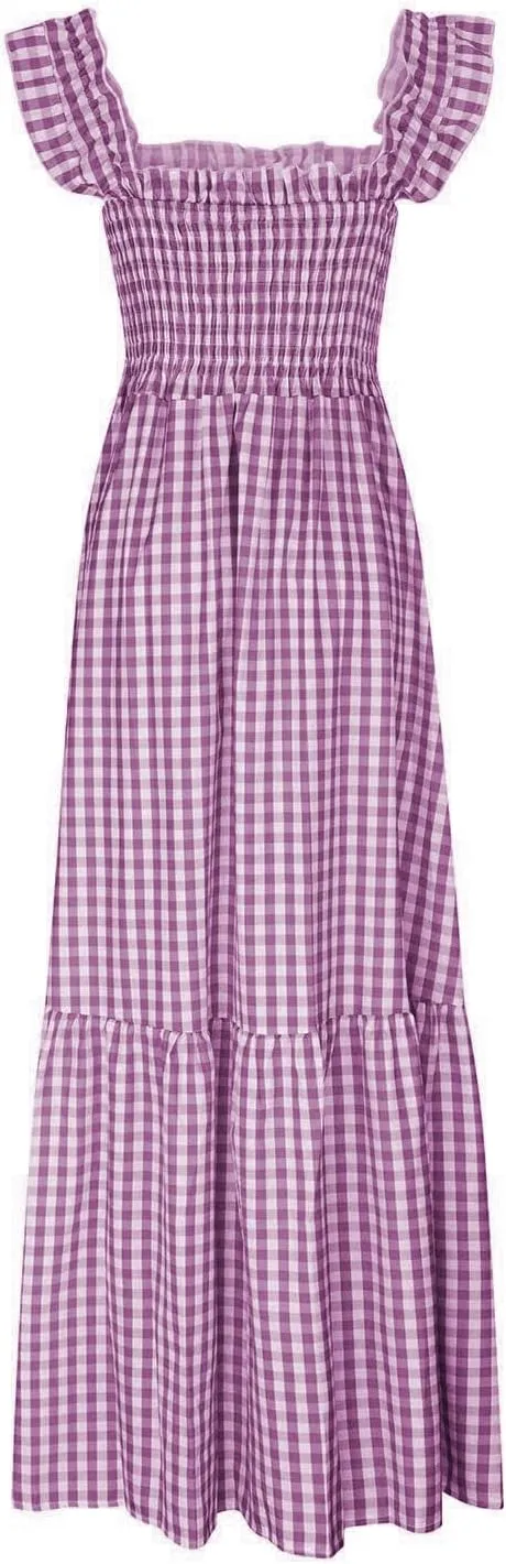 Womens Plaid Dresses Square Neck Strap Flounce Long Dress Smocked Sleeveless Maxi Dress Flowy A-Line Beach Sundress