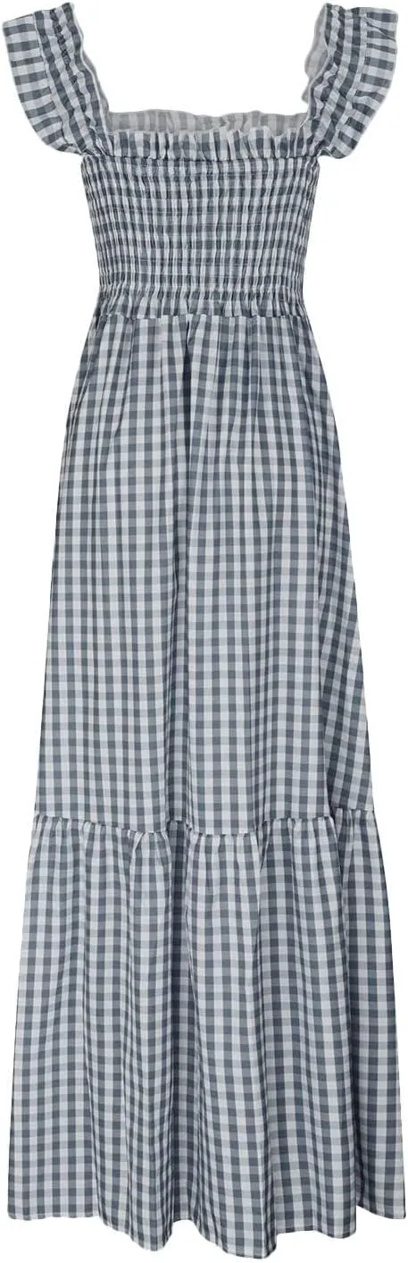 Women's Retro Plaid Smocked Dress Casual Summer Spaghetti Strap Square Neck Maxi Dress Flowy A-Line Long Beach Sundress