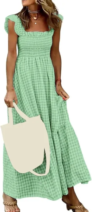 Women's Retro Plaid Smocked Dress Casual Summer Spaghetti Strap Square Neck Maxi Dress Flowy A-Line Long Beach Sundress