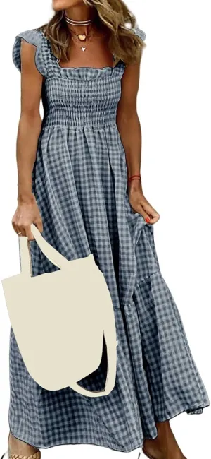 Women's Retro Plaid Smocked Dress Casual Summer Spaghetti Strap Square Neck Maxi Dress Flowy A-Line Long Beach Sundress