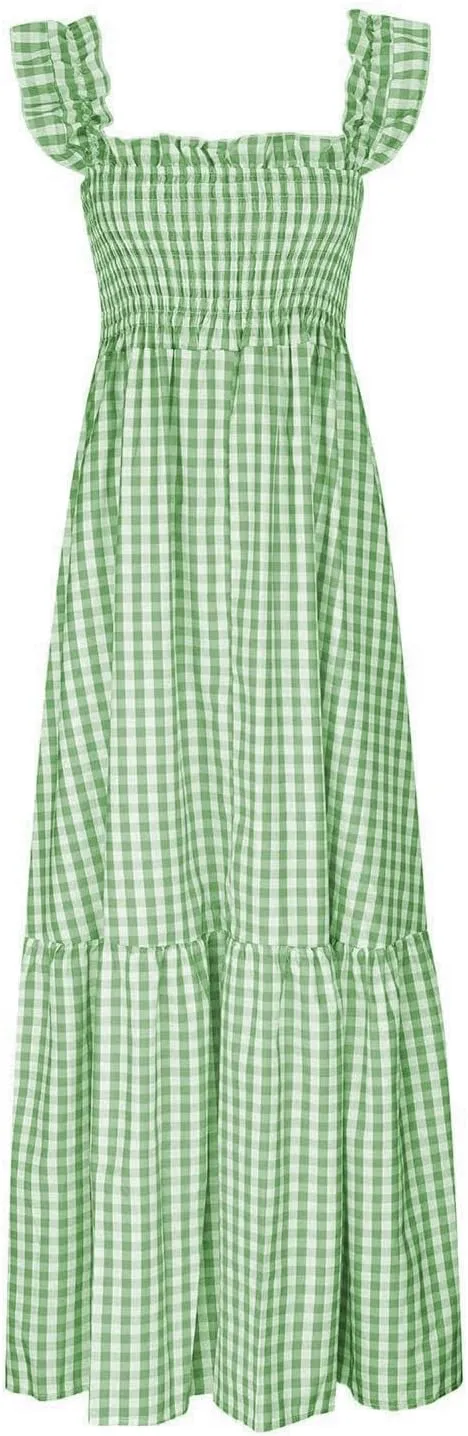 Women's Retro Plaid Smocked Dress Casual Summer Spaghetti Strap Square Neck Maxi Dress Flowy A-Line Long Beach Sundress