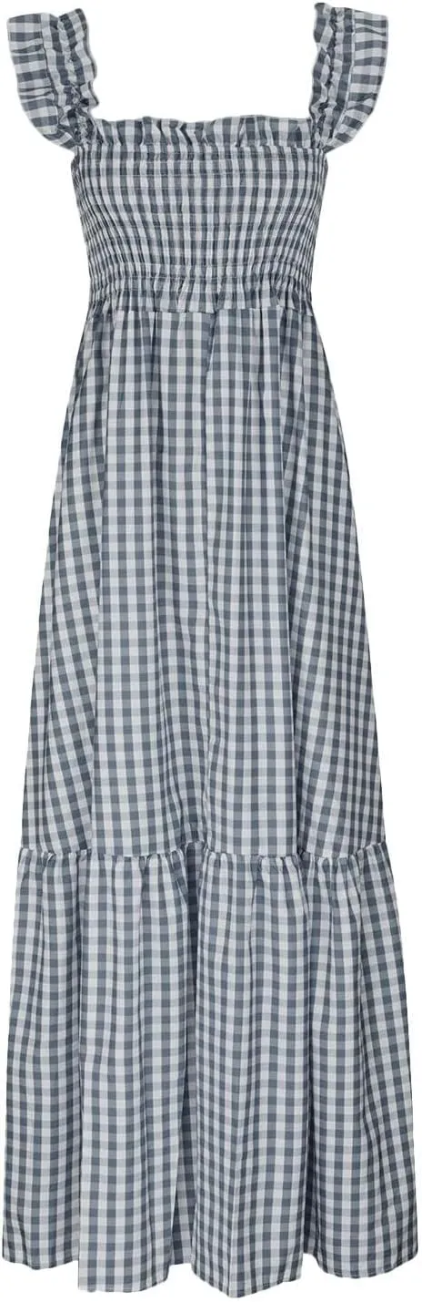 Women's Retro Plaid Smocked Dress Casual Summer Spaghetti Strap Square Neck Maxi Dress Flowy A-Line Long Beach Sundress