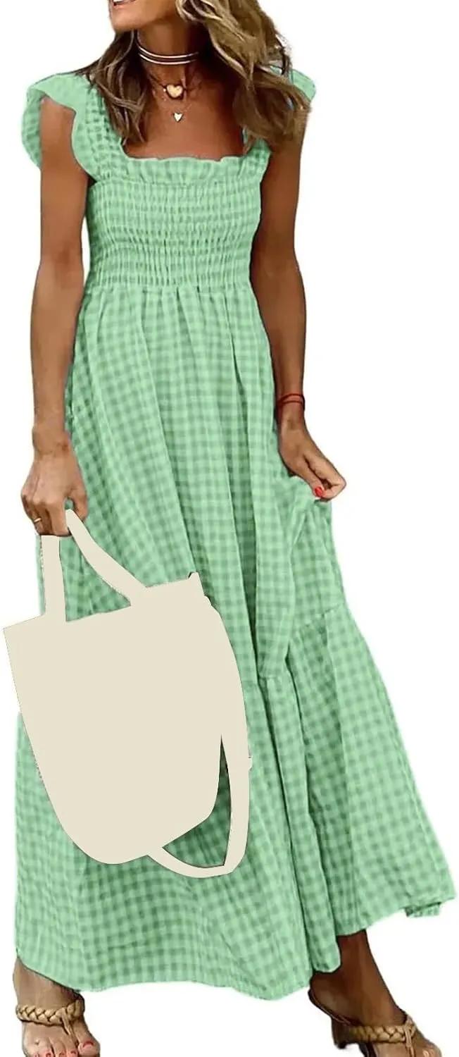 Women's Retro Plaid Smocked Dress Casual Summer Spaghetti Strap Square Neck Maxi Dress Flowy A-Line Long Beach Sundress
