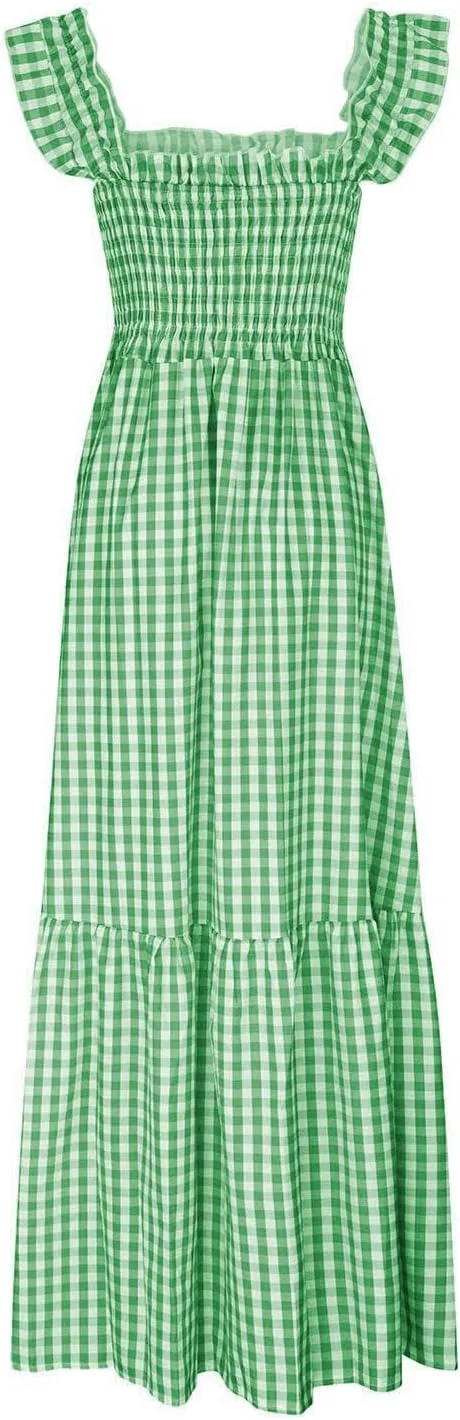 Women's Retro Plaid Smocked Dress Casual Summer Spaghetti Strap Square Neck Maxi Dress Flowy A-Line Long Beach Sundress